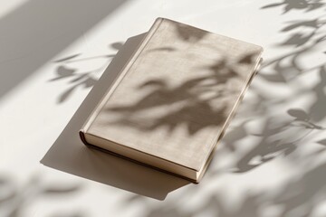 A closed, plain book resting on a surface, with shadows from nearby foliage creating a serene ambiance.