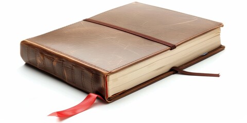 A closed, brown leather-bound journal with a ribbon bookmark.