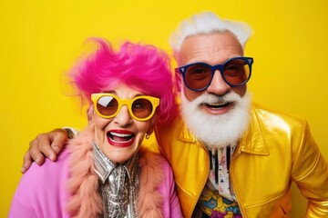 Cool retired hipsters, seniors party, carnival. Portrait of cheerful elderly gray-haired bearded grandparent wearing funny sunglasses and bright extravagant clothes on plain pink background
