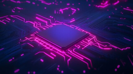 Obraz premium Glowing Pink Circuit Board with Central Processor. AI Generated