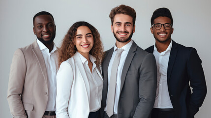 Portrait of group of successful young people of different races on gray background. Businessmen men and businesswomen smile, look at camera. Multiethnic team of creative people, people of different 