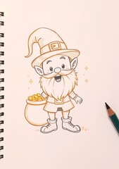 Naklejka premium Hand-drawn cartoon leprechaun with a pot of gold and cheerful expression in a sketchbook