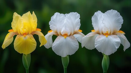 Obraz premium Three blooming iris flowers, one vibrant yellow and two soft white, stand in a row against a dark green blurred background.