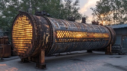 Industrial furnace emitting warm light at sunset in a manufacturing area