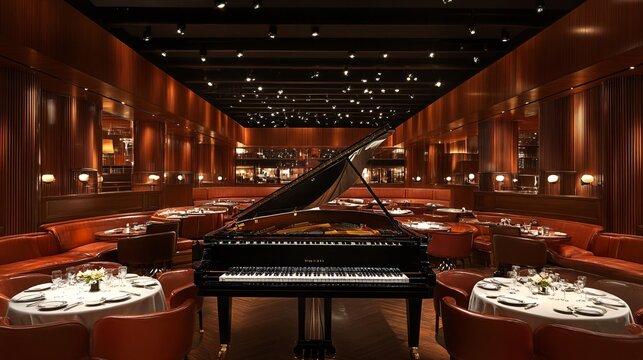 Elegant dining experience at a luxury restaurant with a grand piano