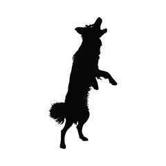 Black silhouette of a dog standing on its hind legs, barking. Dog logo, Dog silhouette, Dog icon, Dog vector.
