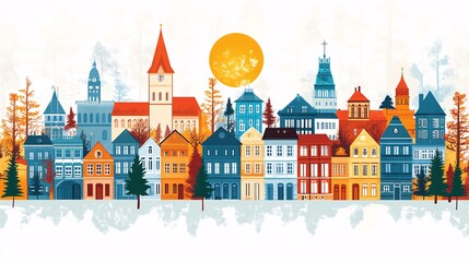 Colorful cityscape illustration featuring diverse architecture and a bright sun
