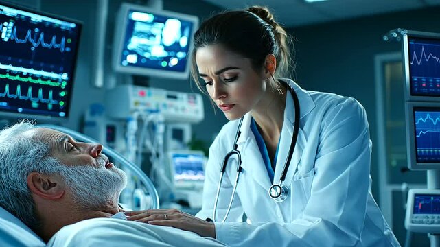 A compassionate female doctor wearing a white coat and using a stethoscope to listen to a senior man's heartbeat in a well-lit hospital room, the background featuring medical equip