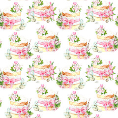 Seamless pattern of an Easter kulich decorated with flowers, ribbon and lace, as well as bird eggs and spring flowers. The pattern is in delicate pastel colors, creating a feeling of holiday and