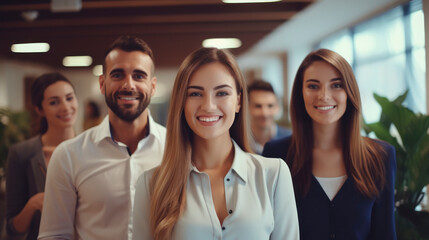 Fototapeta premium Portrait of group of successful young people of different races on gray background. Businessmen men and businesswomen smile, look at camera. Multiethnic team of creative people, people of different 