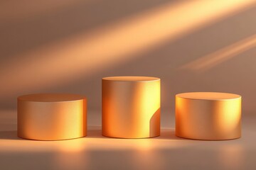 Three Golden Cylinders on Brown Background