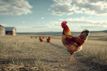 Colorful rooster standing proudly in a golden field on a sunny day with a barn and rolling hills in the background