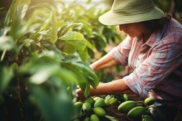 Mature woman farmer harvesting ripe avocados on plantation. Organic healthy avocado fruit, healthy food. Hands close-up picking avocado