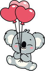 Cute koala holding heart shape balloons cartoon, vector illustration