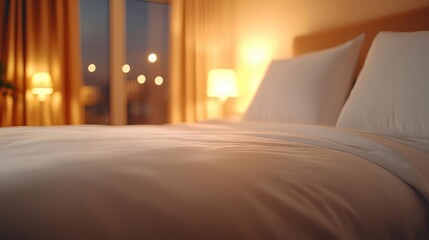 Evening bedroom, cozy bed, night lights, window view, relaxing sleep