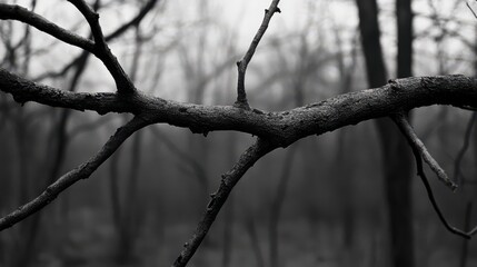 A bare tree branch extends across a misty forest backdrop, evoking a mysterious and tranquil setting, cloaked in gray tones.