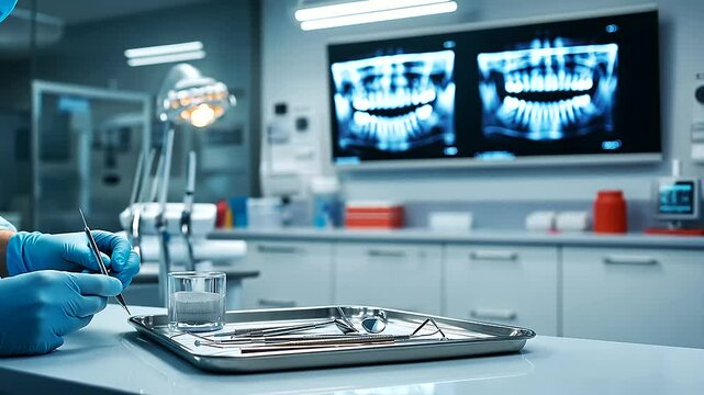 A dentist placing tools on a sterile tray, wearing a protective mask and gloves, in a modern clinic with a wall-mounted X-ray viewer and calming decor
