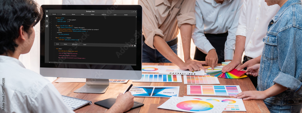 Aufkleber Software development programming on computer screen for brisk application and program coding