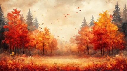 Vibrant autumn landscape with orange and red foliage, serene forest scene under a cloudy sky