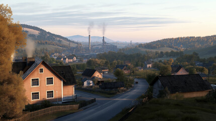 Fototapeta premium A coal mine situated near a village, contrasting industrial activity with rural life