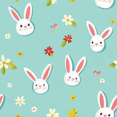 Obraz premium Cute bunny pattern with flowers and butterflies on light blue background