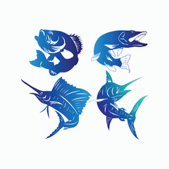 Set Fishing Vector Fish Sihouette Blue Color on Clean White Background