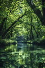 Serene River Winding Through Lush Forest with Dappled Sunlight and Towering Trees