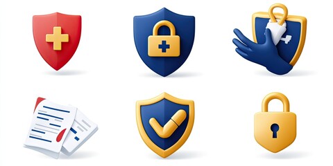 Three Dimensional Security and Health Icons Displayed