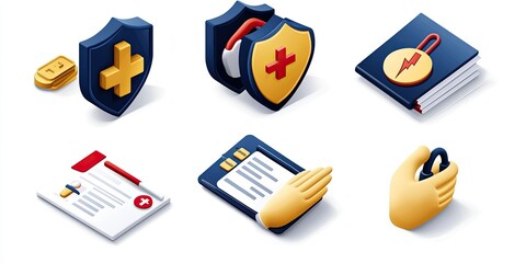 Isometric Icons Depicting Health Insurance and Medical Records