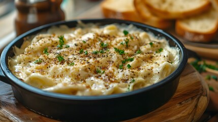 Creamy Chicken Alfredo Pasta with Garlic Bread on Wooden Board