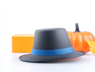 Fototapeta premium Stylish gray hat sits beside vibrant orange pumpkin autumn scene. AI Generated