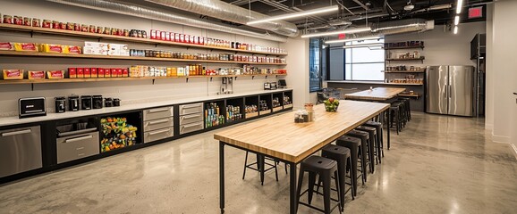 Modern office breakroom with wood shelves stocked with snacks, drinks, and kitchen appliances.