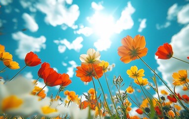 Obraz premium Vibrant cosmos flowers blooming under a bright sunny sky.