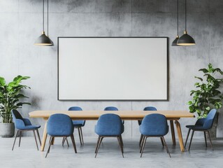 Modern Office Conference Room with Chairs, Desk, and Projection Screen