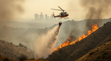 Obraz premium A firefighting helicopter hovers over a raging wildfire, releasing water to combat the flames. A powerful image of heroism and effort against nature’s fury.