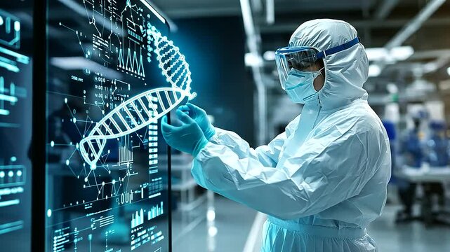 A futuristic lab environment where a scientist in full protective gear reaches toward a hovering D DNA helix surrounded by floating data points and molecular graphics