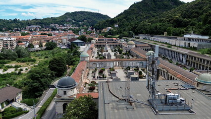 aerial view of Monumental cemetery of Como city with Lake in background