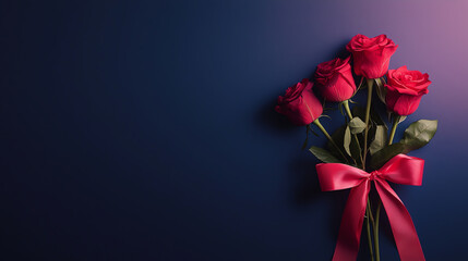 A beautiful bouquet of red roses arranged elegantly with a delicate ribbon, set against a dark background, symbolizing love and passion. Perfect for romantic occasions.