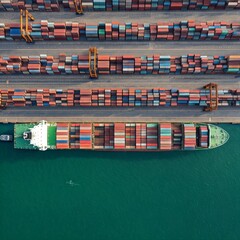 Obraz premium Aerial view of a port with colorful containers and cargo ships. Center space for text. Ideal for trade reports, infographics, and logistics marketing