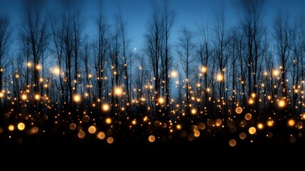 Fototapeta premium Mystical fireflies illuminate a dark forest with their enchanting glow, creating a magical and captivating night spectacle.