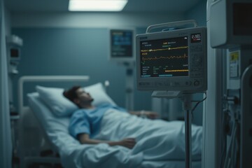 a man in a hospital bed with an iv monitor