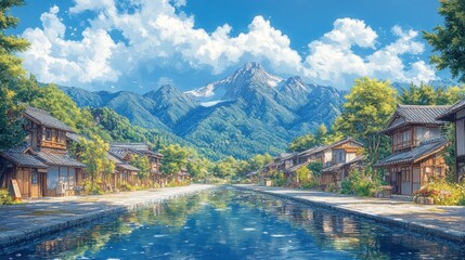 Serene riverside village with traditional houses under majestic mountains and clear blue skies