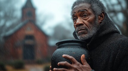Elderly African American man holding a black urn in a rainy cemetery near a church, symbolizing grief, loss, and remembrance