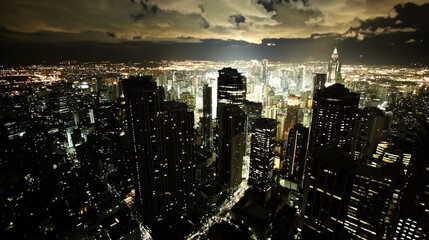 Obraz premium Night cityscape, aerial view, stormy sky, city lights, urban
