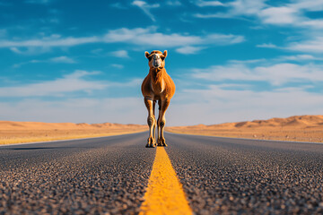A lone cow stands in the middle of a deserted road, surrounded by vast landscapes and blue sky. This image captures the essence of solitude in nature and the beauty of rural life.