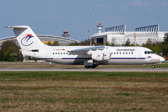 Frankfurt am Main, Germany - April 13, 2009: German Eurowings British Aerospace BAe 146-300 with registration D-AQUA on take off roll on runway 18 of Frankfurt Airport