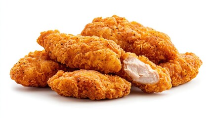 Crispy chicken tenders, food photography, white background, delicious meal