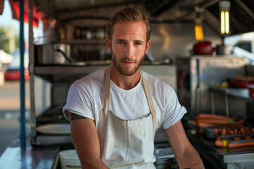 Fototapeta premium Generative AI Image of a Smiling Street Fast-Food Worker at Outdoor Food Stall Serving Hot Dogs