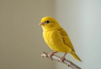 Yellow canary on a small perch, neutral background