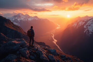 Fototapeta premium man standing on top of mountain at sunset